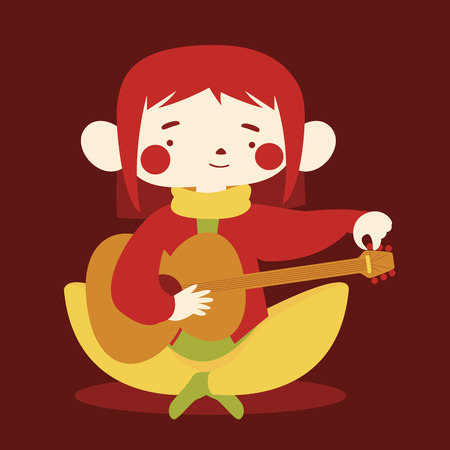 Vector illustration of a cartoon girl tuning acoustic guitar. Color pallete based on fall season. Character isolated from background.のイラスト素材