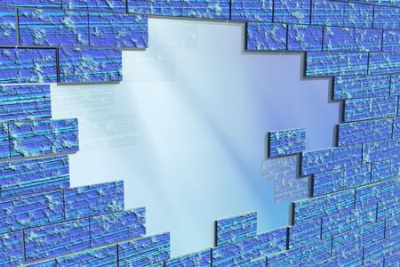 Partially destroyed brick wall of dark-blue color.の写真素材