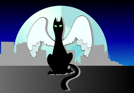Black cat with the angelic wings, is sitting on a roofのイラスト素材