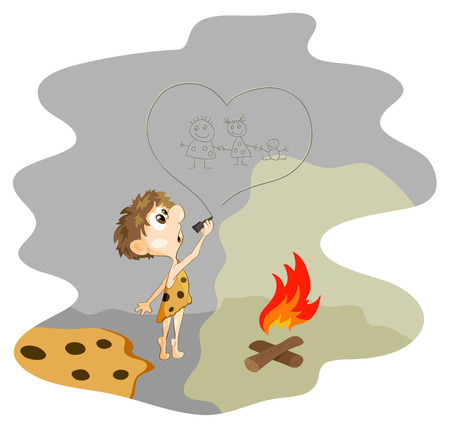  caveman boy drawing the familyのイラスト素材
