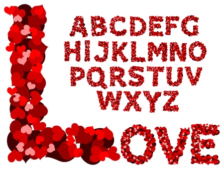 Vector red hearts alphabet on a white backgroundのイラスト素材