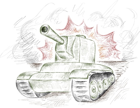 stroke green tank on a fire and smoke backgroundのイラスト素材
