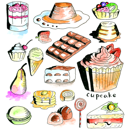 Vector watercolor dessert collection on a white backgroundのイラスト素材