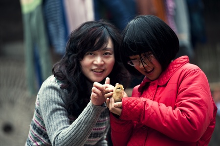 Sichuan, China - February 2: Women and children are playing chicken, February 2, 2011, the Spring Festival, Chinaのeditorial素材