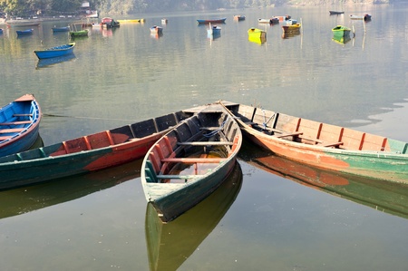 Bright colored wooden boats in Pokharaの写真素材