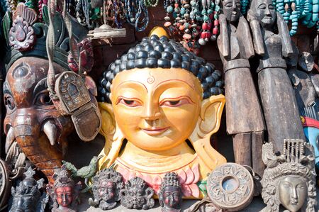 Masks, pottery,souvenirs, hanging in front of the shop, Bhaktapur, Nepalの写真素材