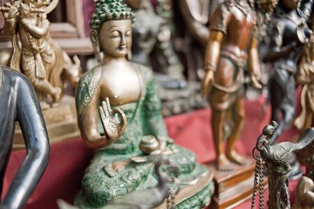 Masks, pottery,souvenirs, hanging in front of the shop, Bhaktapur, Nepalの写真素材