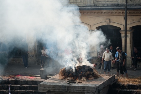Kathmandu, Nepal  January 29, 2012, Bodies burning in the cremation near the templeのeditorial素材