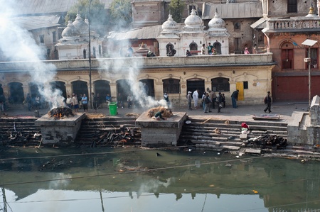 Kathmandu, Nepal  January 29, 2012, Bodies burning in the cremation near the templeのeditorial素材