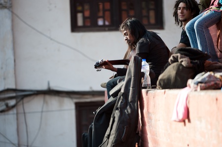 Kathmandu, Nepal  February 4, 2012, Nepalese rest before the temple, Buddhism in Nepal.のeditorial素材