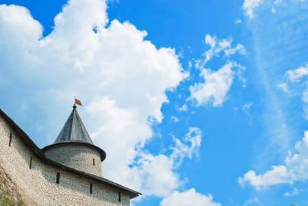 Entrance to Pskov Kremlin (Krom) with old mosaic orthodoxy icon over the gate at sunny summer dayの写真素材