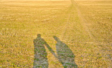 are two human shadows on the orange grassの写真素材