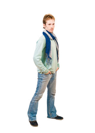 In this picture, a young man standing on white backgroundの写真素材