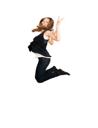 Little girl jumps on a white background