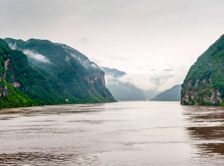 Traveling by ship between the mountains on the Yangtze Riverの写真素材
