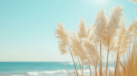 A beautiful scene featuring soft pampas grass swaying gently by the beach, illuminated by sunlight, creating a tranquil atmosphere perfect for relaxation and inspiration.の素材
