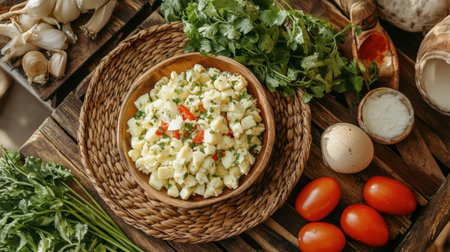 A vibrant vegetable salad with chopped eggs and fresh herbs on a rustic wooden table, showcasing healthy ingredients and a colorful culinary experience.の素材