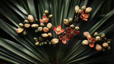 This stunning arrangement features vibrant flowers and buds on a backdrop of lush palm leaves, showcasing the beauty of nature and floral design. Perfect for botanical art.の素材