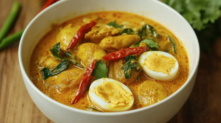 A vibrant bowl of spicy curry featuring tender eggs cooked in a rich, aromatic sauce. This dish combines fresh herbs and spices, making it a delightful culinary experience.の素材