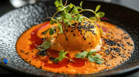 A beautifully plated dish featuring a creamy orange sauce topped with a perfectly cooked egg and fresh herbs, creating a vibrant culinary masterpiece.の素材