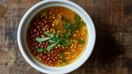 An inviting bowl of fresh herb and spice infusion sits on a rustic wooden table, showcasing vibrant colors and natural ingredients that enhance any dish.の素材