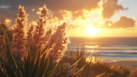 A stunning sunset casts a warm glow over the ocean, highlighting the silhouette of coastal plants. This serene landscape captures nature's beauty and tranquility.の素材