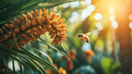 A honeybee hovers near a bright tropical flower during sunset, capturing the essence of nature's beauty. This vibrant scene showcases delicate details of pollination.の素材