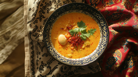 This image features a rich and flavorful curry dish beautifully presented in a decorative bowl. Garnished with herbs and spices, it reflects culinary creativity.の素材