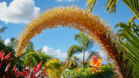 A stunning tropical flower arches gracefully against a backdrop of lush greenery and a bright blue sky, showcasing vibrant colors and natural beauty.の素材