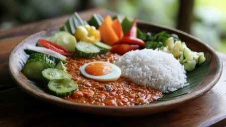 This vibrant and appetizing meal features rice, fresh vegetables, and a savory chili sauce. Perfect for showcasing healthy and delicious culinary traditions.の素材