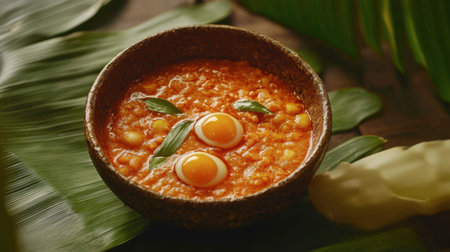 A vibrant bowl of rich tomato soup topped with fresh eggs and basil leaves, perfect for a hearty meal. Ideal for comfort food lovers seeking warmth.の素材