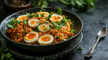 A beautiful presentation of spiced couscous topped with soft-boiled eggs and fresh herbs, ideal for culinary enthusiasts and food photography lovers.の素材