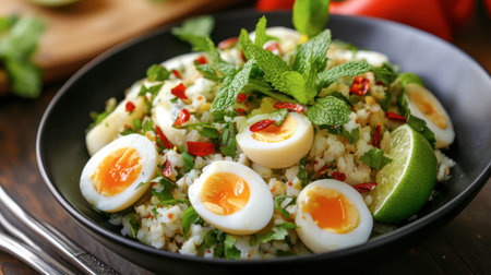 A vibrant salad featuring quail eggs, fresh herbs, and a zesty lime garnish. This dish combines flavors and colors for a delicious and nutritious meal option.の素材