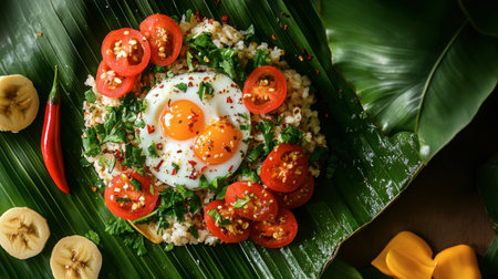A vibrant dish featuring perfectly cooked eggs, fresh tomatoes, and herbs served on lush green leaves. Ideal for showcasing colorful and healthy meals.の素材