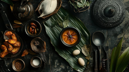 Explore a stunning arrangement of exotic spices and fresh ingredients artistically displayed on a dark surface, perfect for culinary inspiration and creativity.の素材
