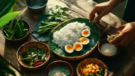 A vibrant home-cooked meal featuring fluffy rice, soft-boiled eggs, and fresh herbs. This captivating scene showcases the joy of cooking and healthy eating.の素材
