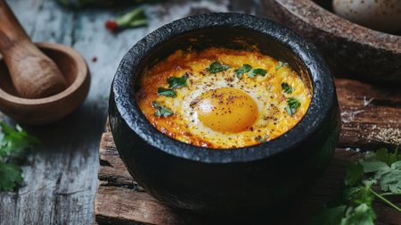 Discover a mouthwatering baked egg dish served in a rustic bowl. This flavorful meal features vibrant yolk, fresh cilantro, and warm textures perfect for breakfast or brunch.の素材
