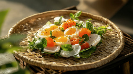 A beautiful arrangement of fresh egg salad featuring bright yellow yolks, cherry tomatoes, and leafy greens presented on a traditional woven basket. Perfect for a healthy meal.の素材