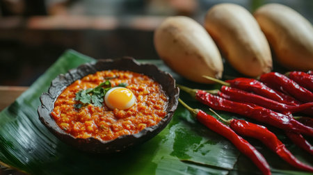 A vibrant dish showcasing a spicy mixture with a sunny-side-up egg, surrounded by fresh ingredients like peppers and coriander, all presented on a banana leaf.の素材