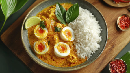 Indulge in a vibrant curry dish served with fluffy rice and soft boiled eggs, garnished with fresh herbs, offering a delightful culinary experience.の素材