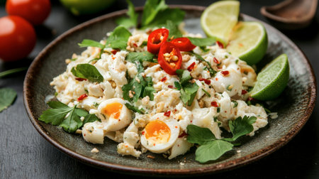 Vibrant and fresh salad featuring eggs, herbs, lime, and spicy chili, perfect for a healthy meal or appetizer. A delightful blend of flavors and colors.の素材