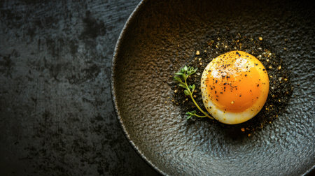 A stunning raw egg yolk rests on a textured black plate, surrounded by spices and a fresh herb garnish, showcasing a modern and elegant food presentation.の素材