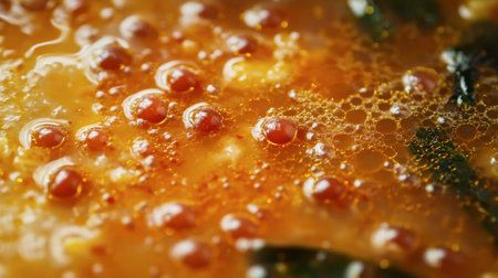 This close-up image captures the rich texture and dynamic bubbles of a bubbling sauce, highlighting its vibrant colors and inviting appearance for culinary enthusiasts.の素材