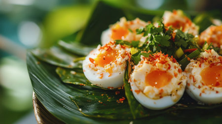 A beautifully presented dish of soft boiled eggs garnished with herbs and spices. Ideal for food lovers, culinary enthusiasts, and recipe inspiration.の素材