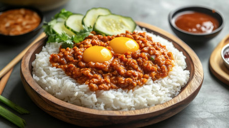 A beautiful rice bowl featuring fluffy white rice topped with savory meat sauce, fresh cucumber slices, and two perfectly cooked eggs. Perfect for any meal.の素材