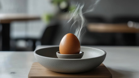 A freshly cooked egg sits steaming in a modern bowl, showcasing simplicity and elegance. Ideal for food lovers and culinary enthusiasts seeking inspiration.の素材