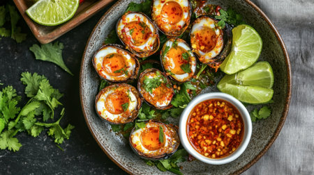 Experience a mouthwatering spicy egg snack served with refreshing lime and vibrant herbs. Perfect for sharing or a flavorful appetizer at gatherings.の素材