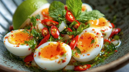A vibrant and flavorful spicy egg salad featuring fresh herbs, lime, and chili, beautifully presented in a bowl, perfect for culinary enthusiasts.の素材
