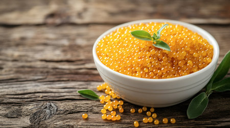 A visually appealing bowl of bright orange caviar sits elegantly on a rustic wooden surface, complemented by fresh herbs. Perfect for gourmet presentations.の素材
