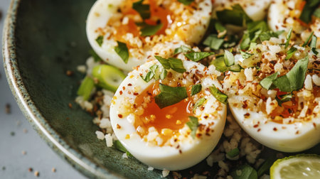 A vibrant plate featuring beautifully crafted soft boiled eggs topped with spices and fresh herbs, showcasing delightful textures and colors, perfect for any meal.の素材